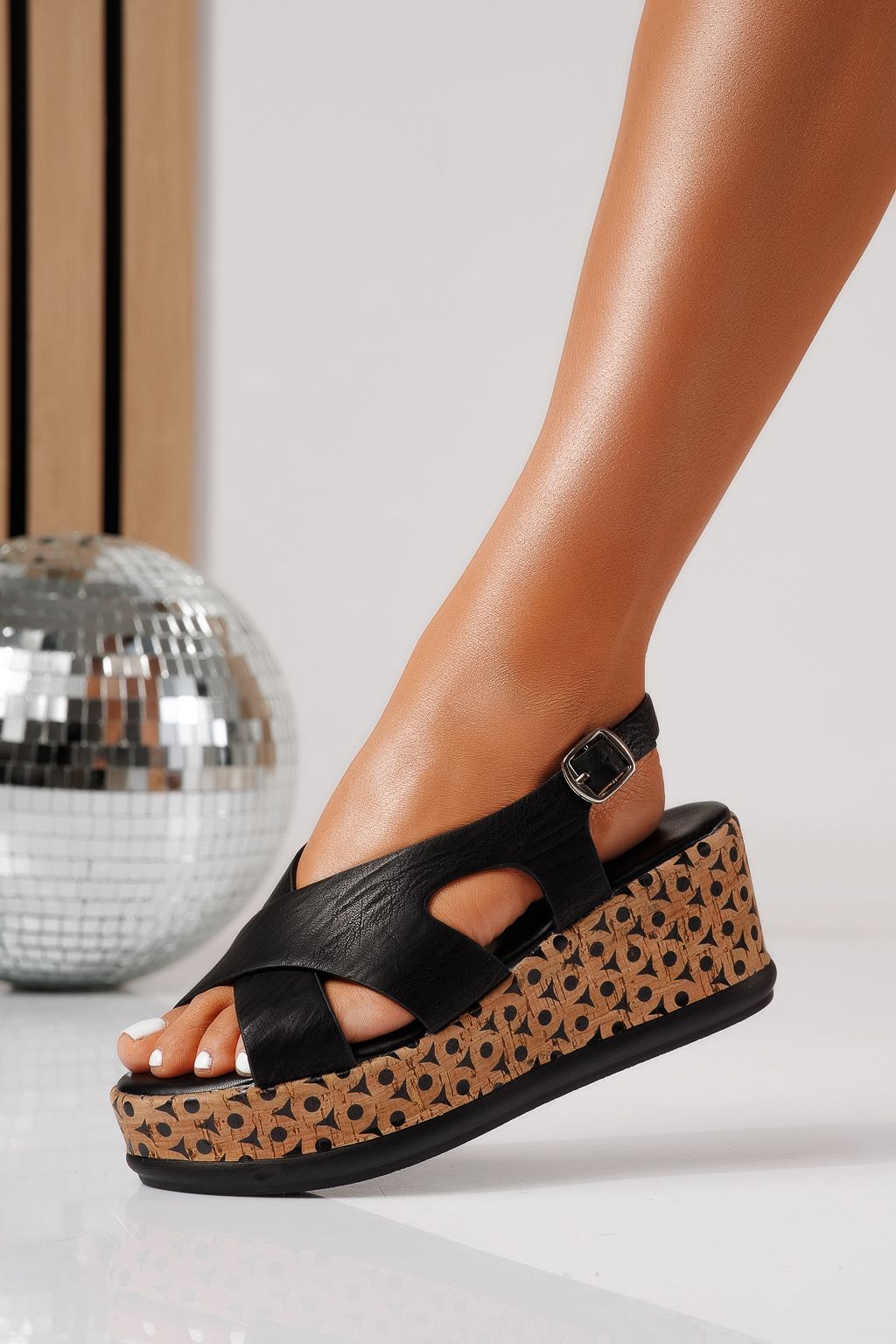 Sandale cu platforma dama negre din piele ecologica Anais #24969