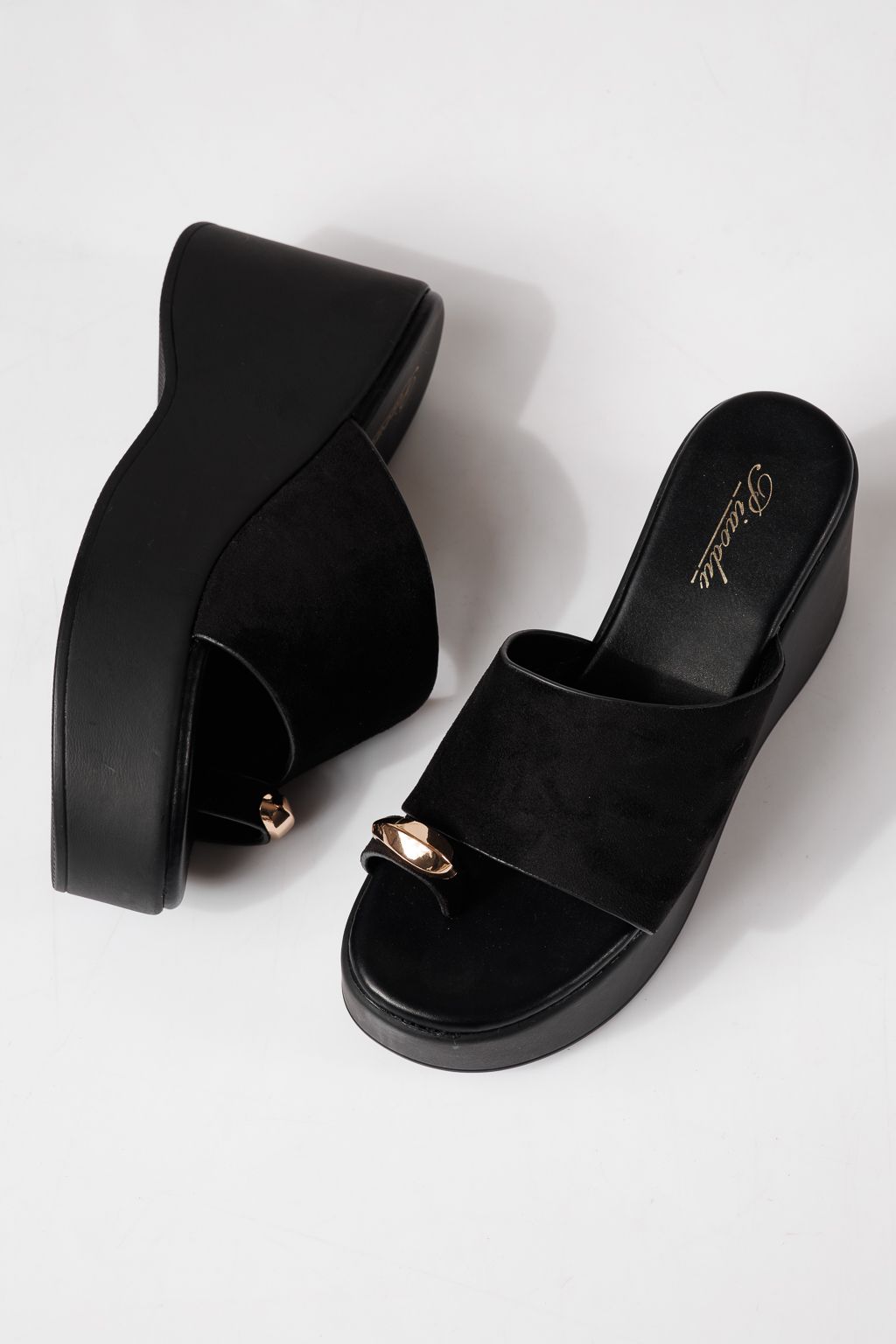 Papuci cu platforma dama negri din piele ecologica intoarsa Giulia #24971