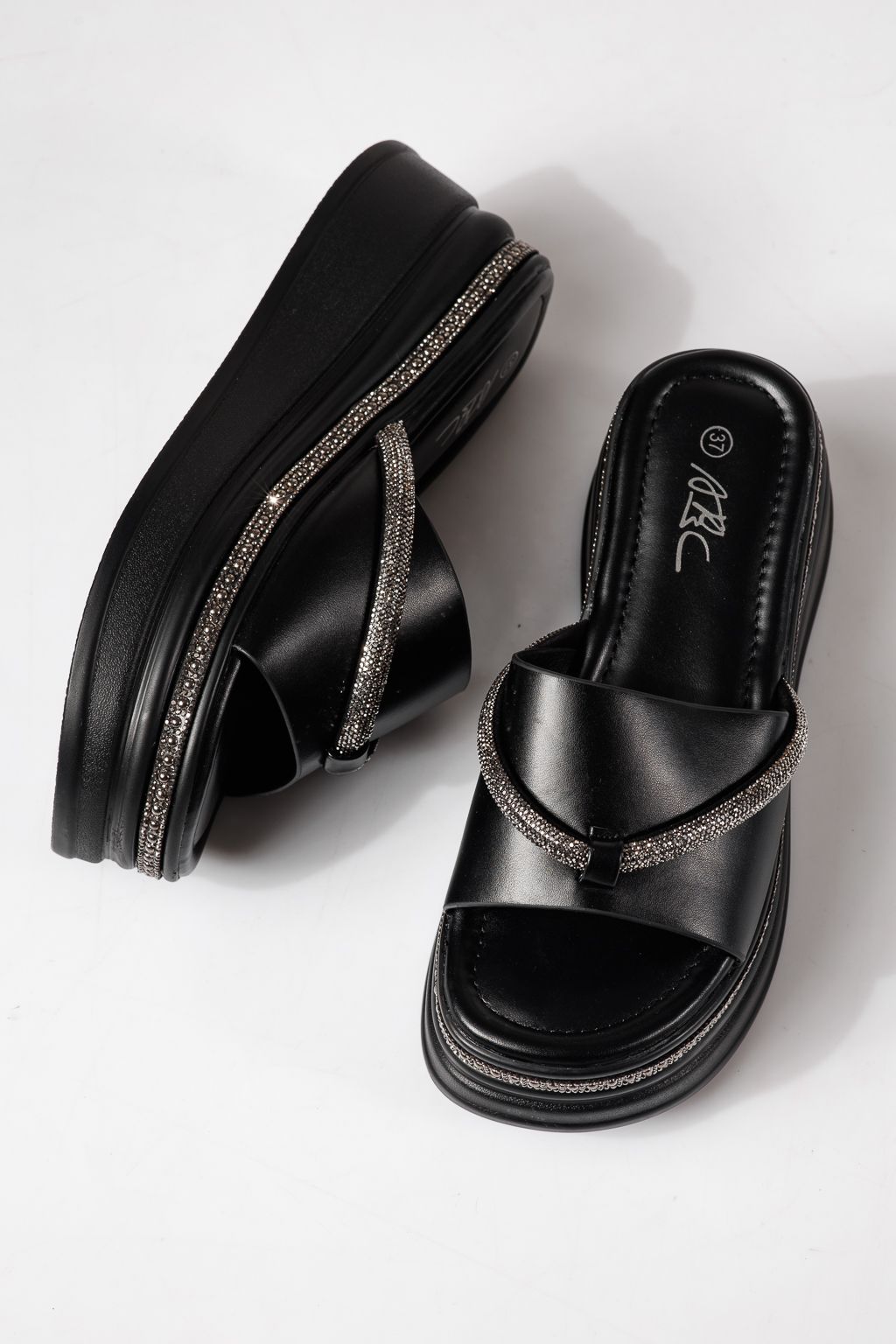 Papuci cu platforma dama negri din piele ecologica Belina #24748