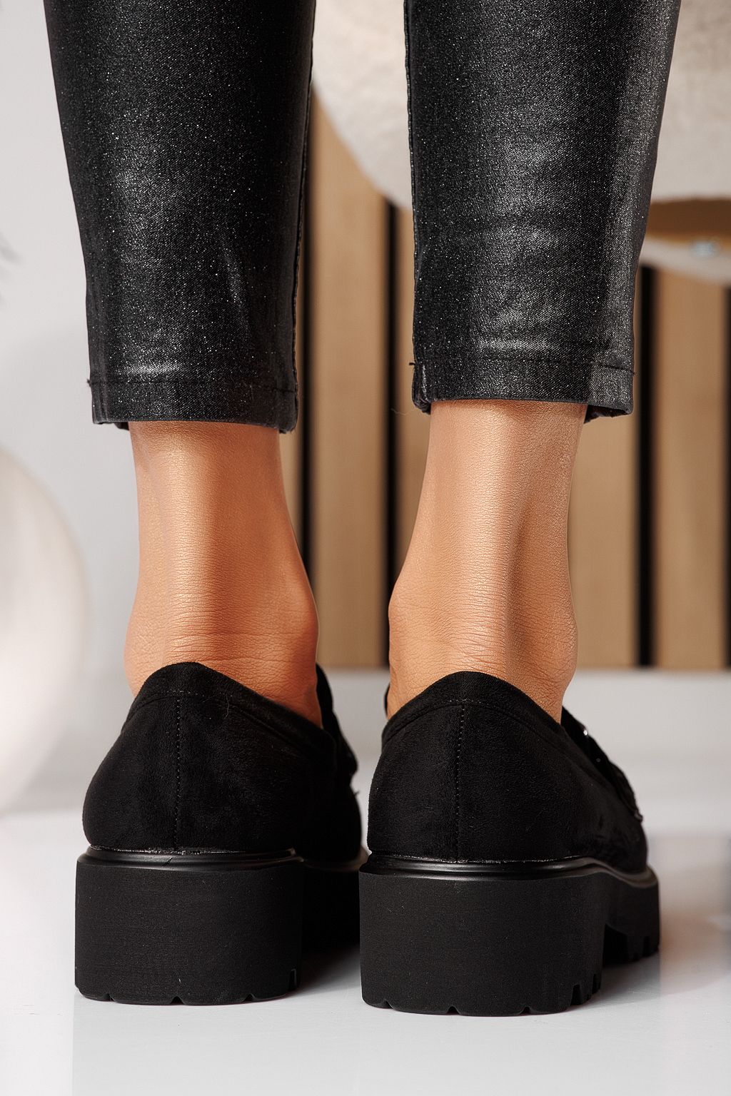 Pantofi casual dama negri din piele ecologica intoarsa Thalia #25131