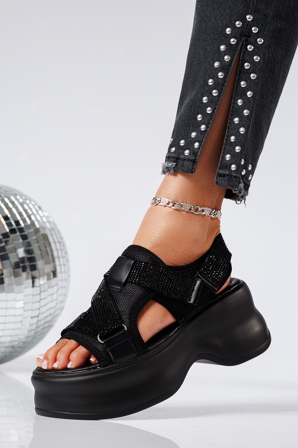 Sandale cu platforma dama negre din material textil Edena #25225