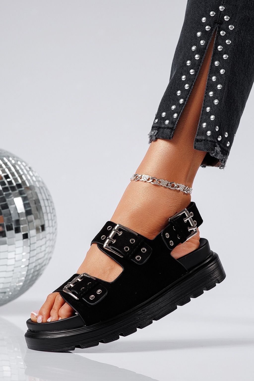 Sandale cu platforma dama negre din piele ecologica intoarsa Amara #25227