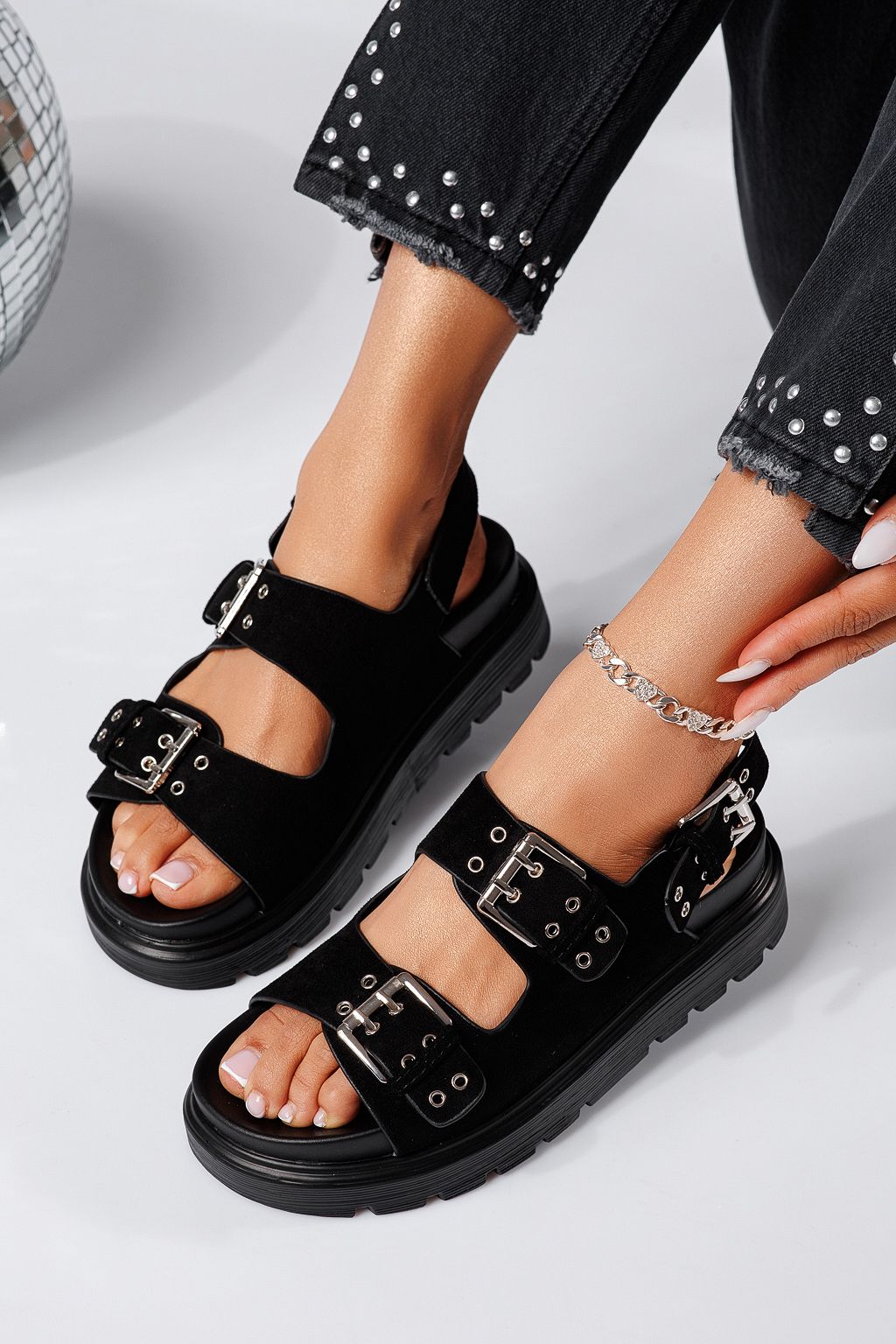 Sandale cu platforma dama negre din piele ecologica intoarsa Amara #25227