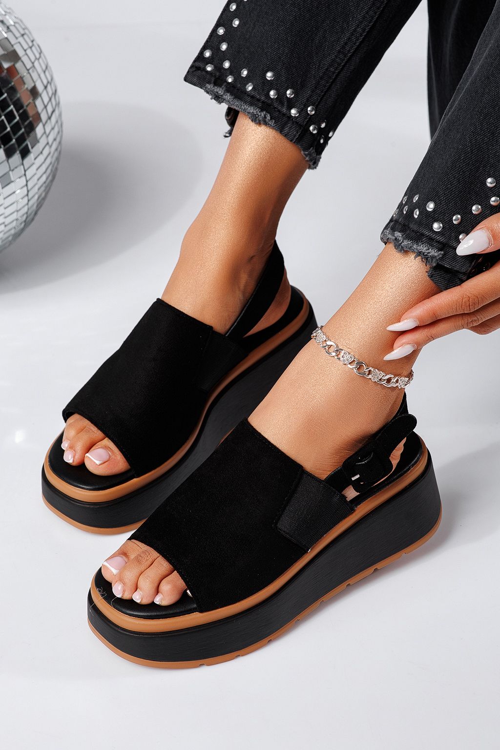 Sandale cu platforma dama negre din piele ecologica intoarsa Amelia #25232