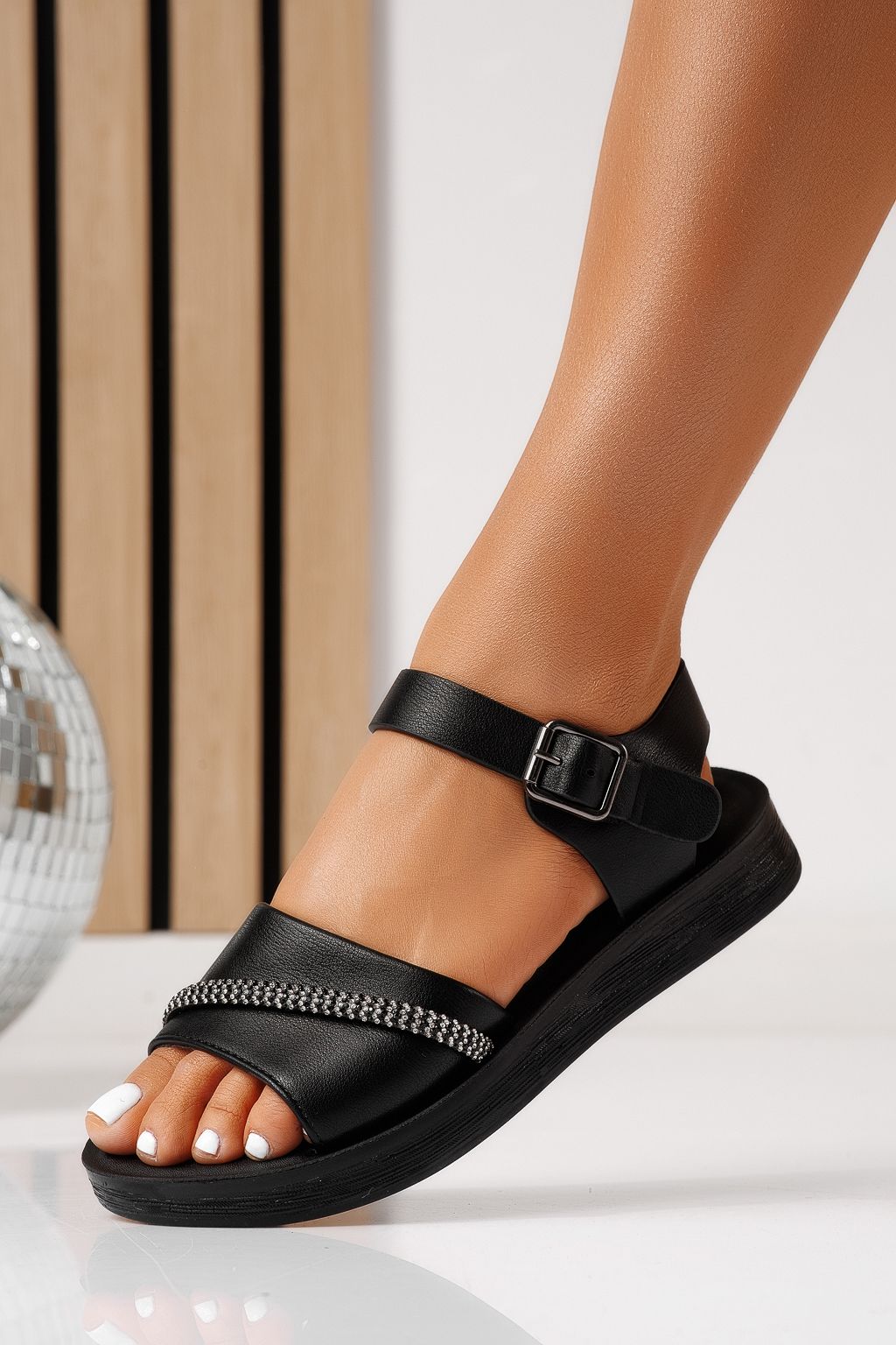 Sandale cu talpa joasa dama negre din piele ecologica Liora #25123