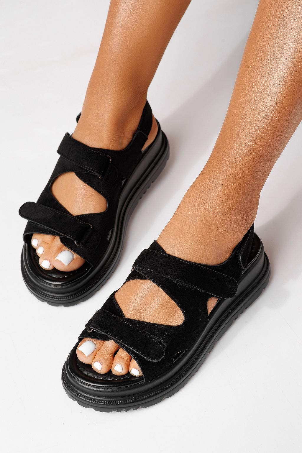 Sandale cu platforma dama negre din piele ecologica intoarsa Coraline #25085