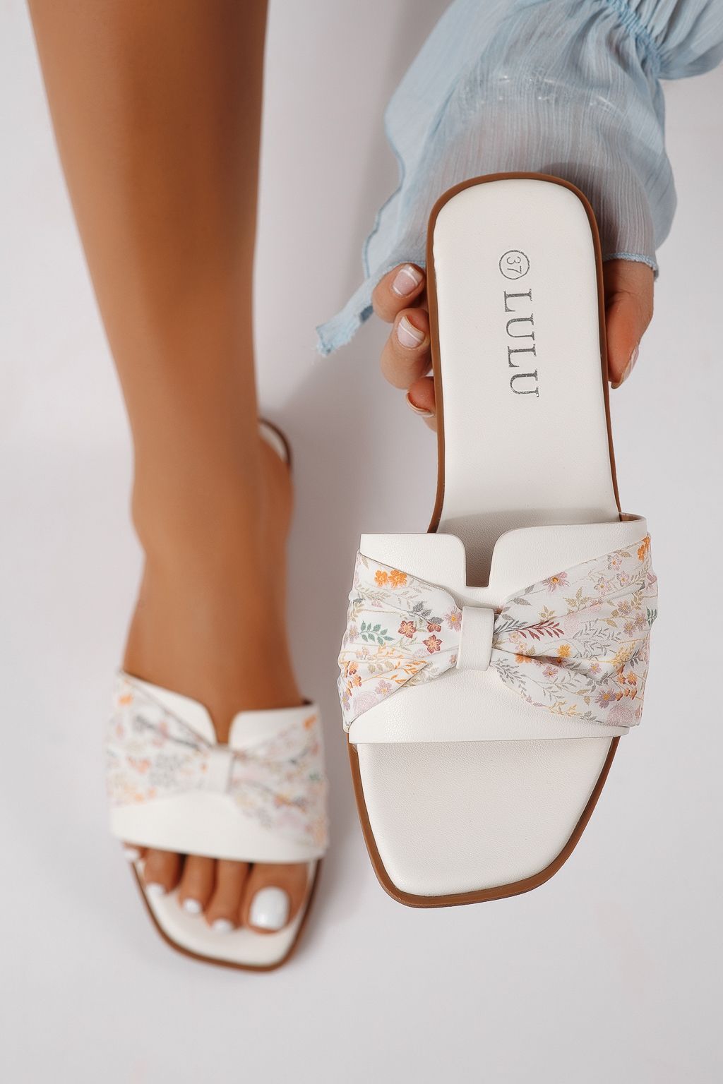 Papuci dama albi din piele ecologica intoarsa Valeria #25058