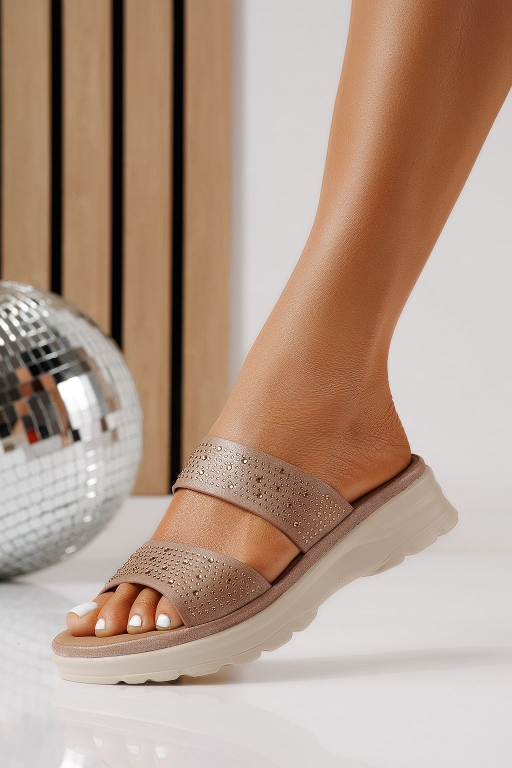 Papuci dama bej din piele ecologica Estela #25016