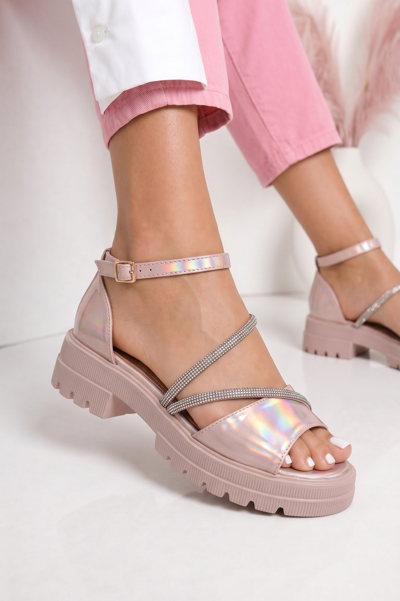 Sandale cu platforma dama roz-aurii din piele ecologica Senna #25274