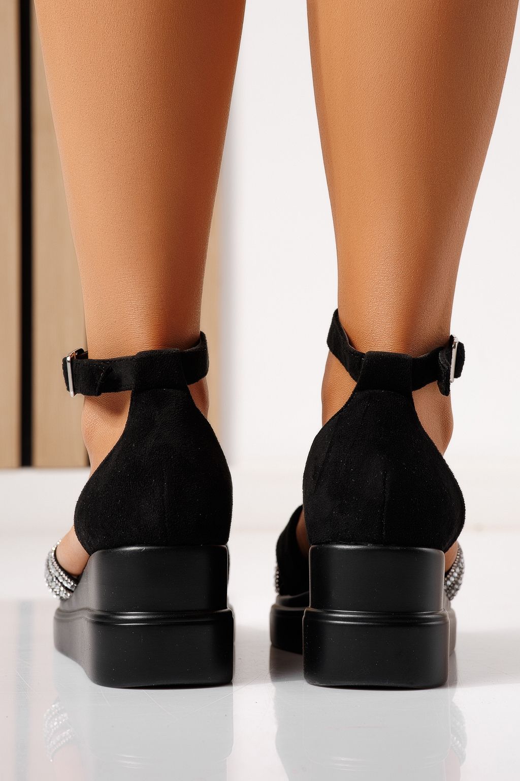 Sandale cu platforma dama negre din piele ecologica Serena #25306