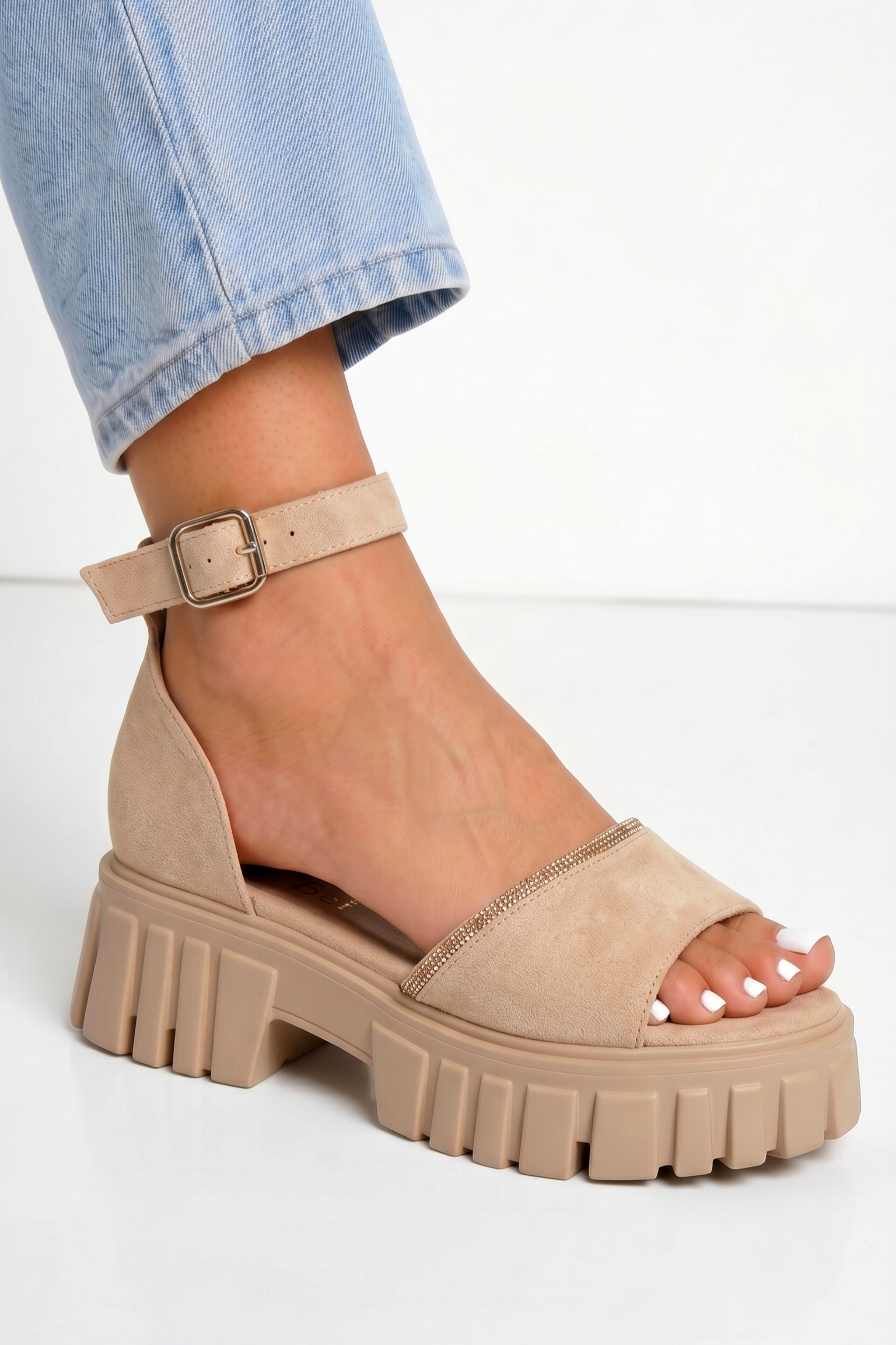 Sandale cu platforma dama bej din piele ecologica intoarsa Hannah #25374