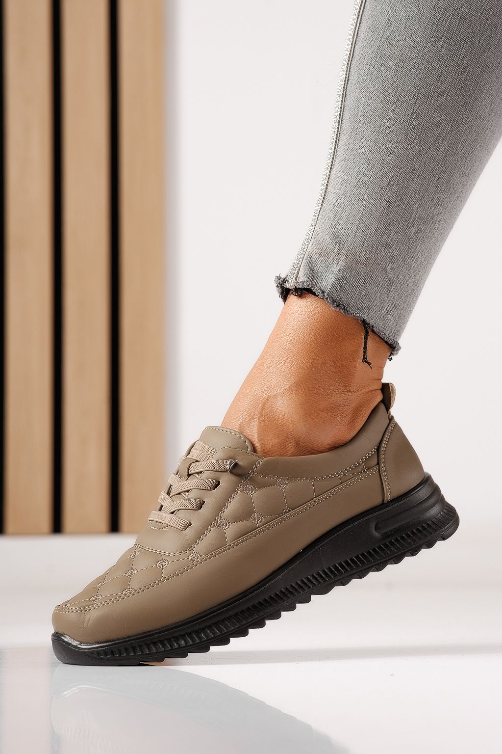 Pantofi casual dama captusiti khaki din piele ecologica Arlena #30133