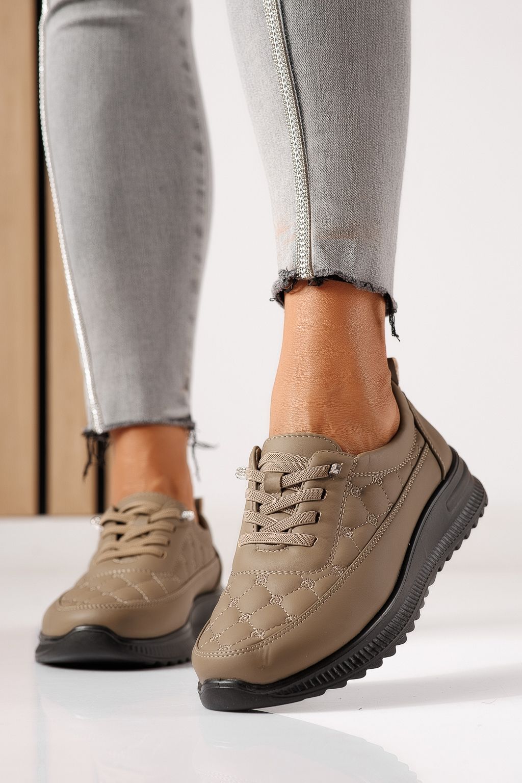 Pantofi casual dama captusiti khaki din piele ecologica Arlena #30133
