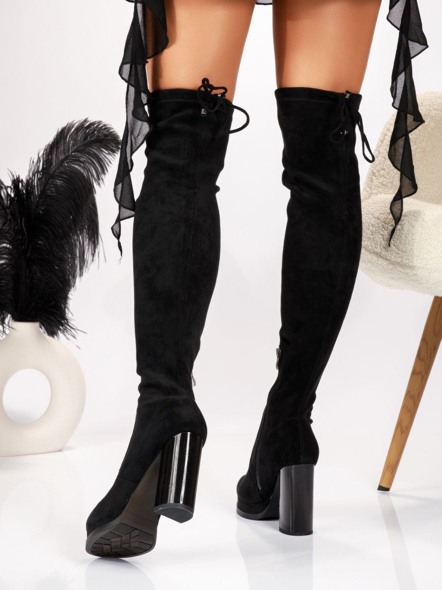 Cizme lungi dama captusite negre din piele ecologica intoarsa Ashley #30174