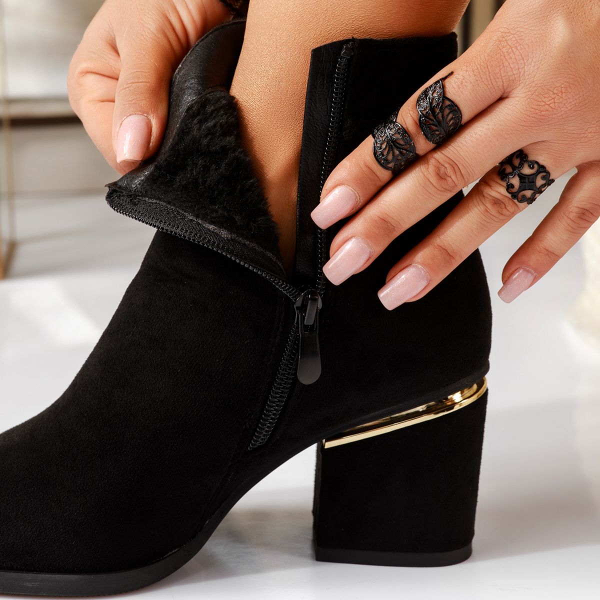 Botine dama vatuite negre din piele ecologica intoarsa Karmen #30656