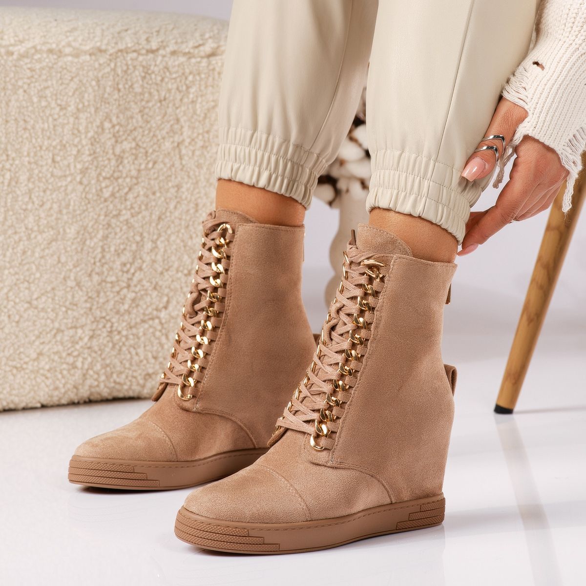 Ghete dama îmblanite cu platforma khaki din piele ecologica intoarsa Adalynn  #30660