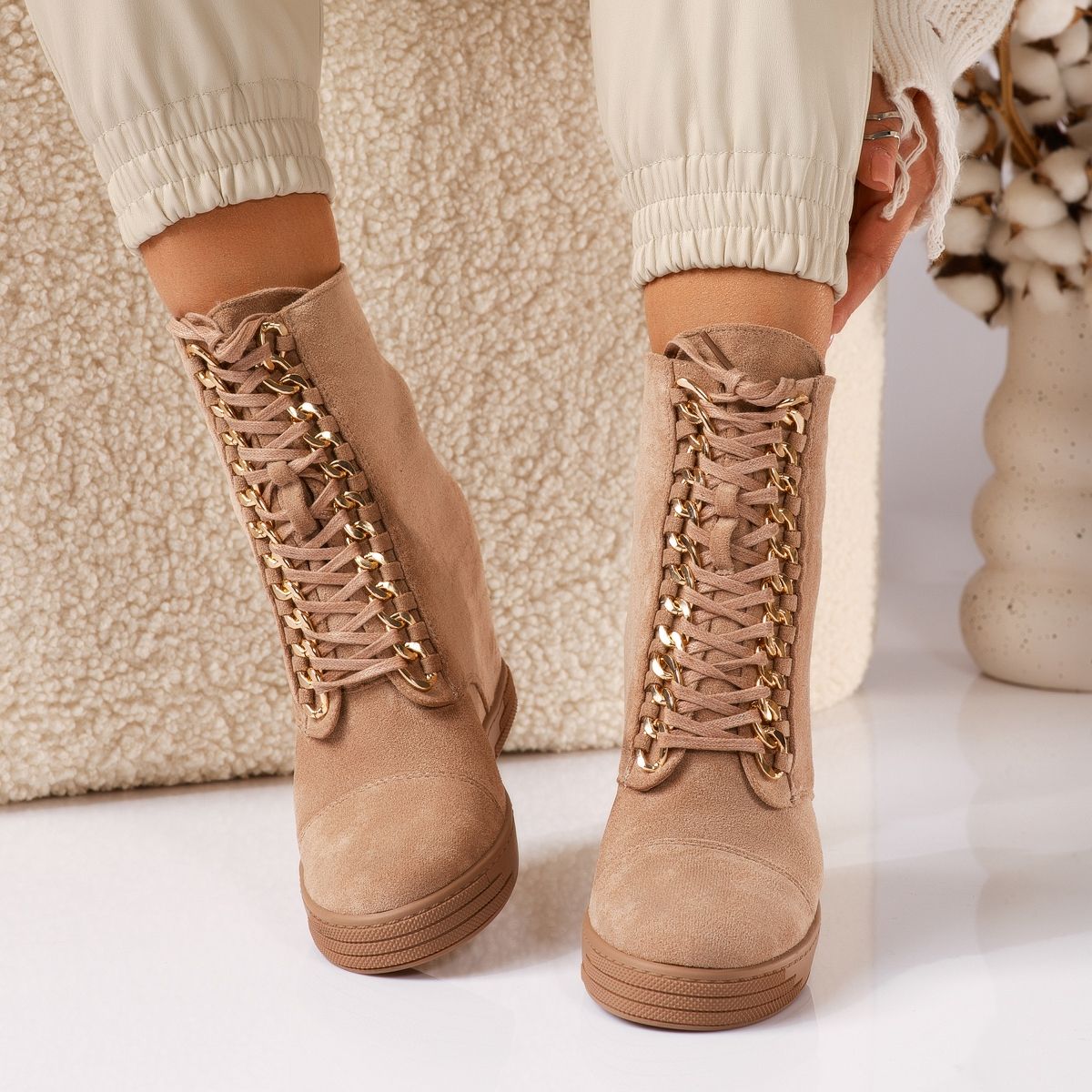 Ghete dama îmblanite cu platforma khaki din piele ecologica intoarsa Adalynn  #30660
