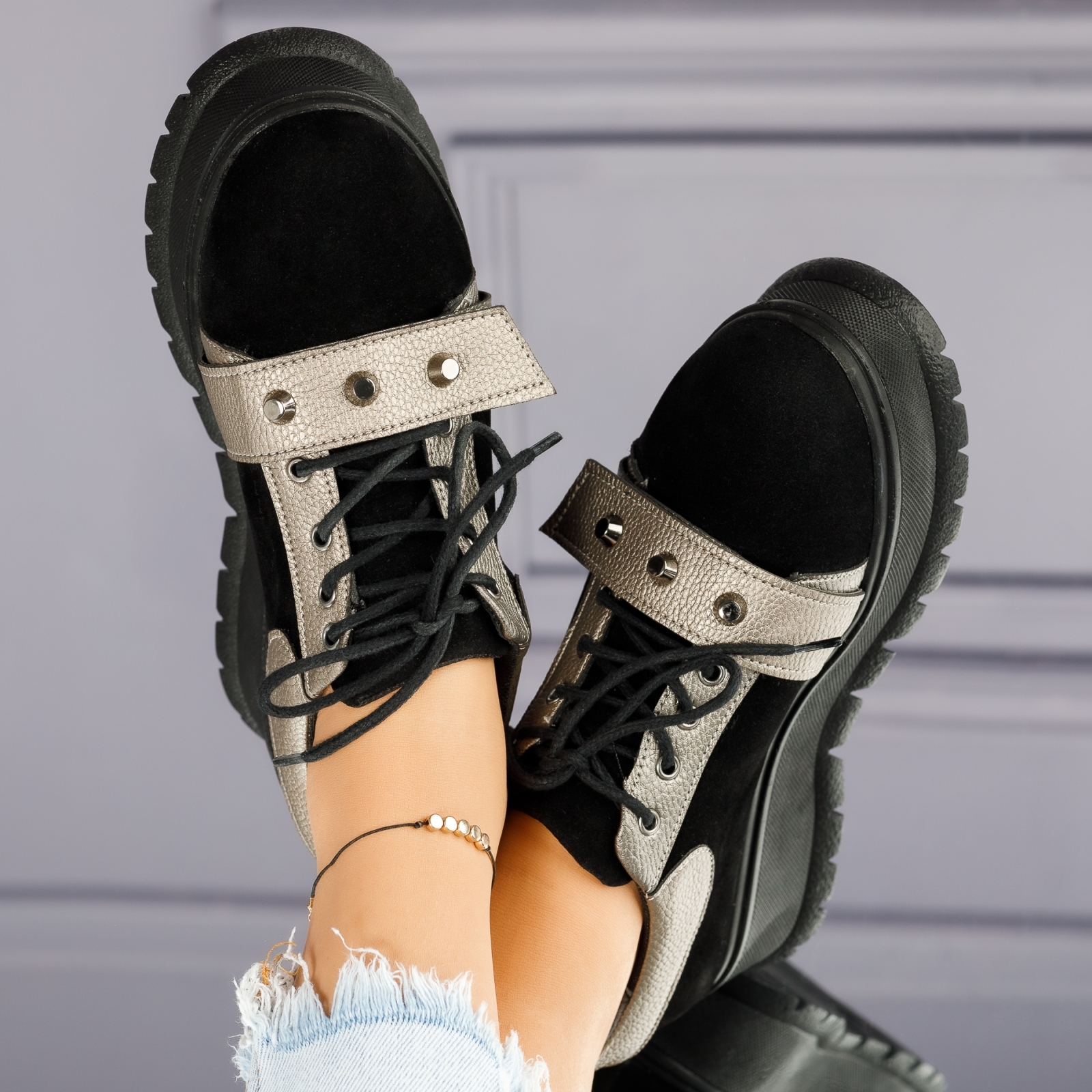 Pantofi Casual Dama Emily Negri/Gri #4036M