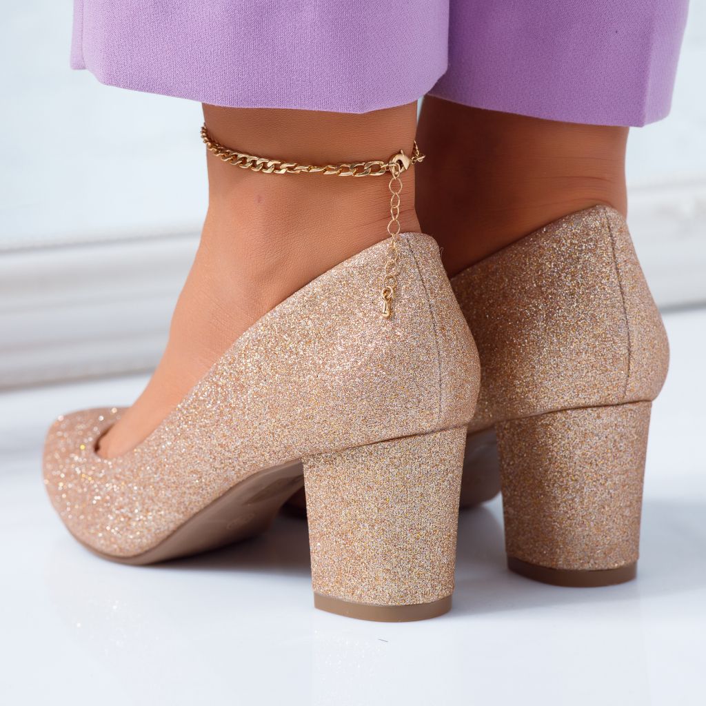 Pantofi Dama cu Toc Alexia Roz-Aurii #6681M