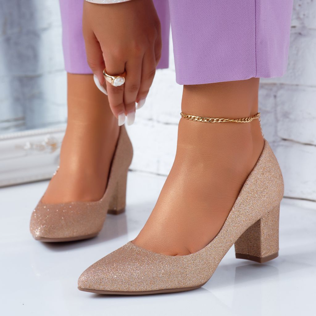 Pantofi Dama cu Toc Alexia Roz-Aurii #6681M