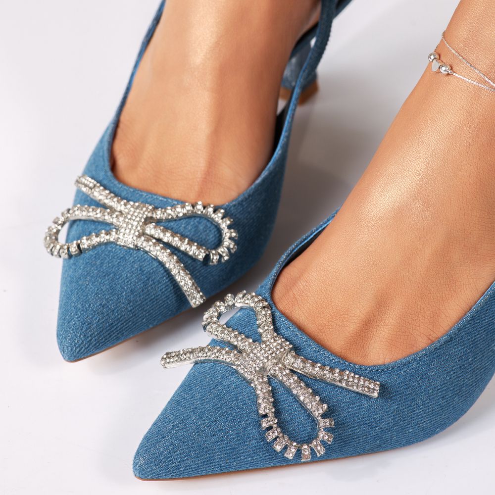 Pantofi cu toc dama albastri din material textil Mira #18398