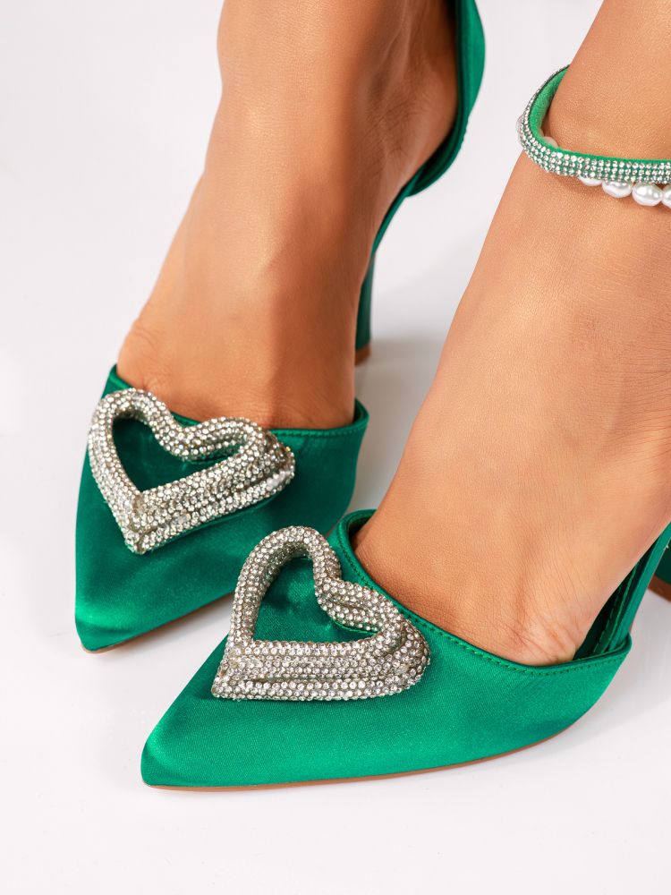 Pantofi cu toc dama verzi din satin Ezra #18418
