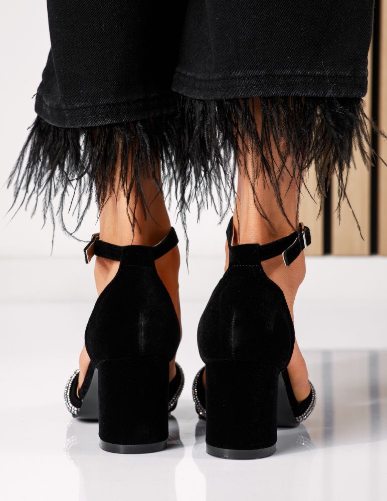 Дамски сандали с ток черни от обърната еко кожа Marco #18586