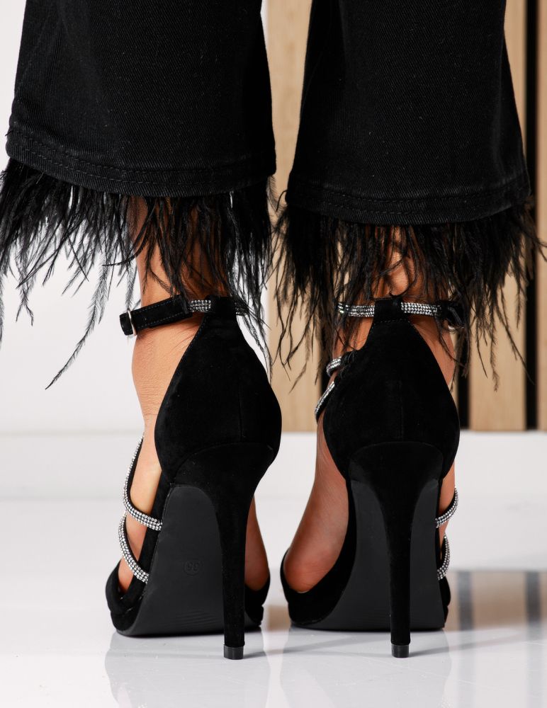 Дамски сандали с ток черни от обърната еко кожа Aura #18608