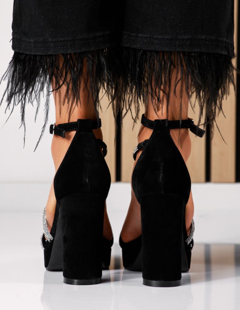 Дамски сандали с ток черни от обърната еко кожа Leona #18595
