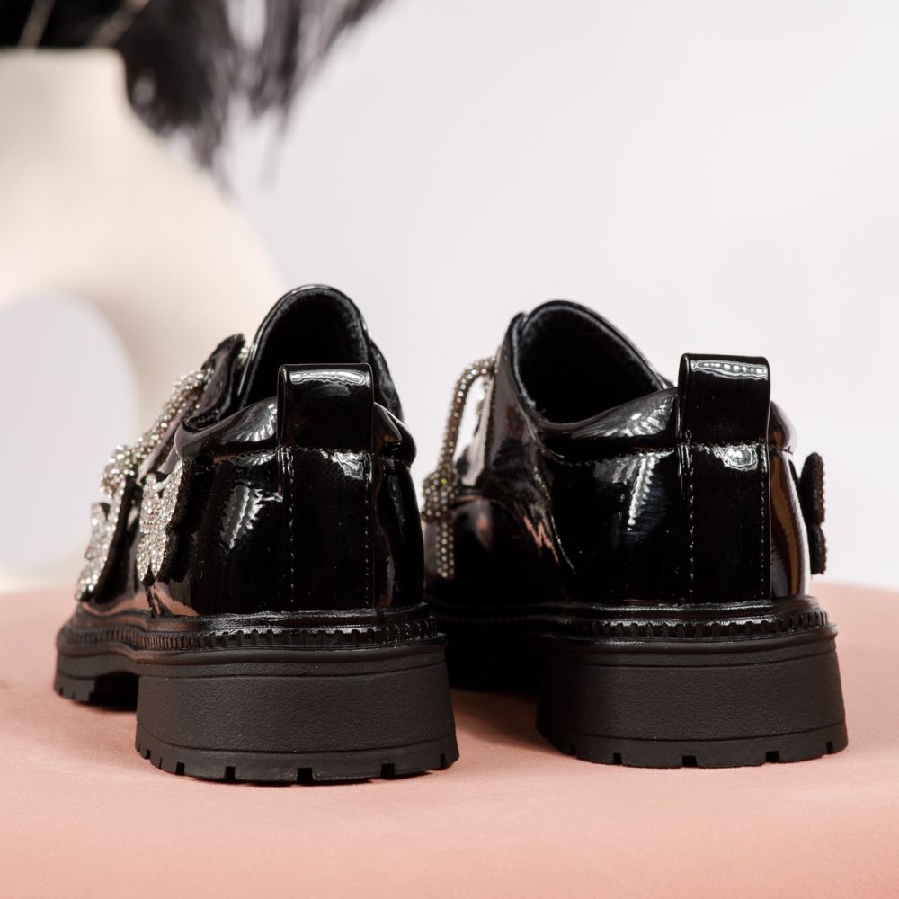 Pantofi casual copii negri din piele ecologica lacuita Ariana #19116