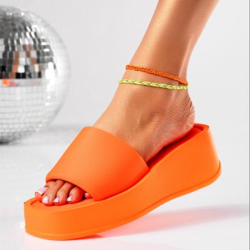 Papuci cu platforma dama portocalii din material textil Tania #19412