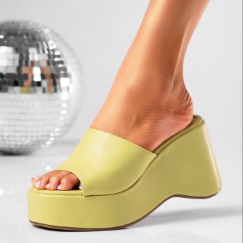Papuci cu platforma dama verzi din piele ecologica Lale #19423