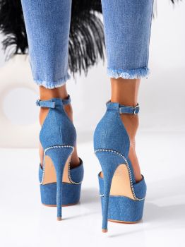 Sandale cu toc dama albastre din material textil Azelia #19476