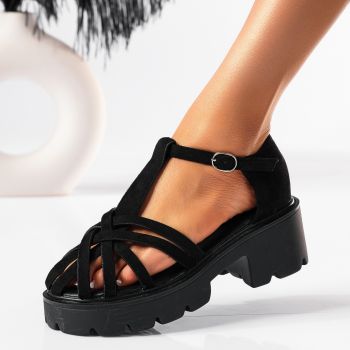 Sandale cu platforma dama negre din piele ecologica intoarsa Fleur #19518