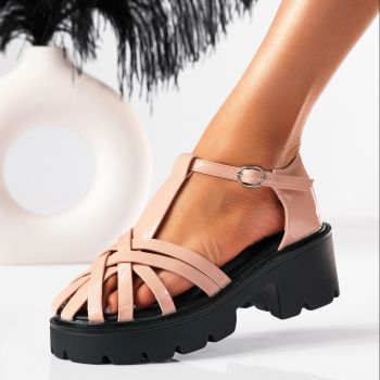 Sandale cu platforma dama bej din piele ecologica lacuita Fleur #19520
