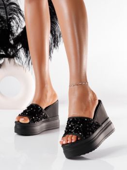 Papuci cu platforma dama negri din material textil Rita #19849