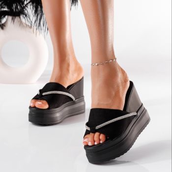 Papuci cu platforma dama negri din material textil Nuria #19844