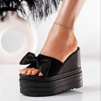 Papuci cu platforma dama negri din piele ecologica intoarsa Camila #19810