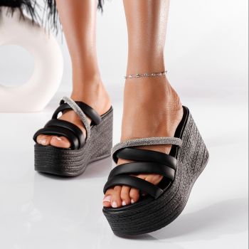 Papuci cu platforma dama negri din piele ecologica Adriana #19800