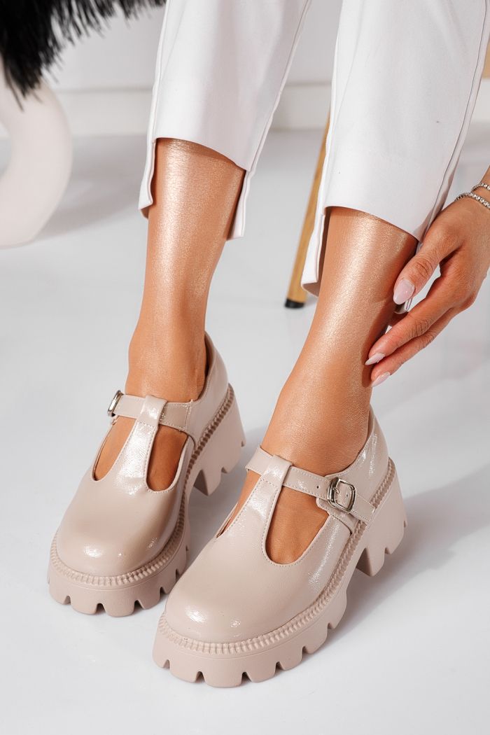 Pantofi casual dama nude din piele ecologica lacuita Riki #20963