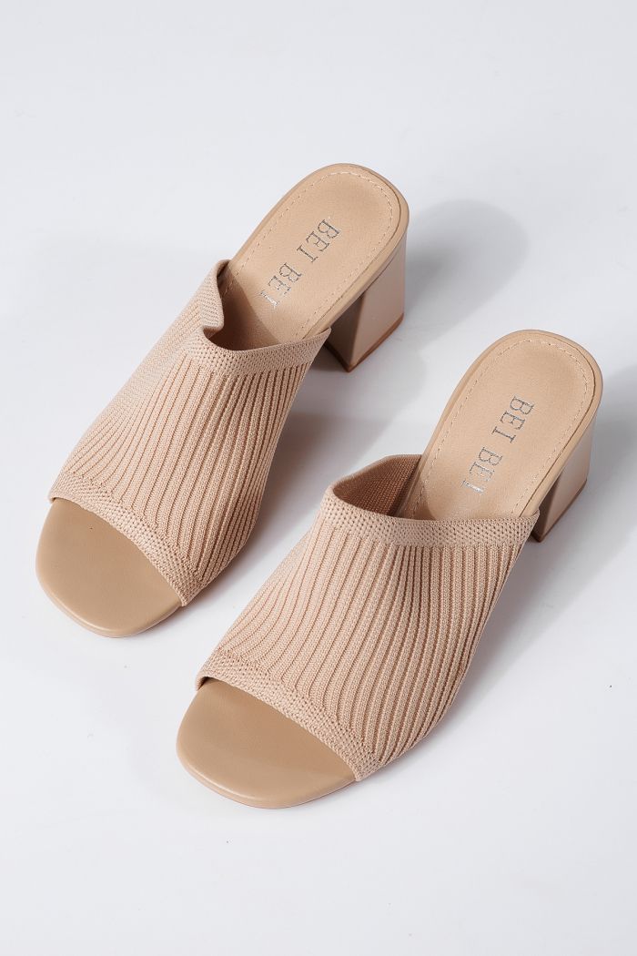 Papuci cu toc dama khaki din material textil Mara #22362