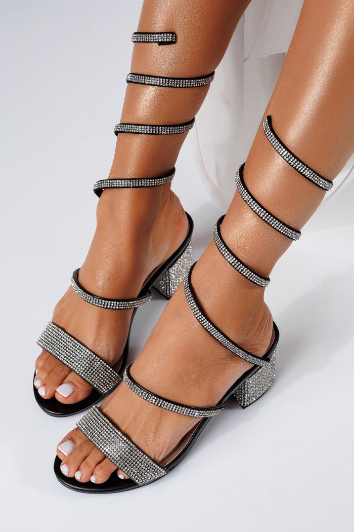 Sandale cu toc dama negre din piele ecologica Aspasia #22345