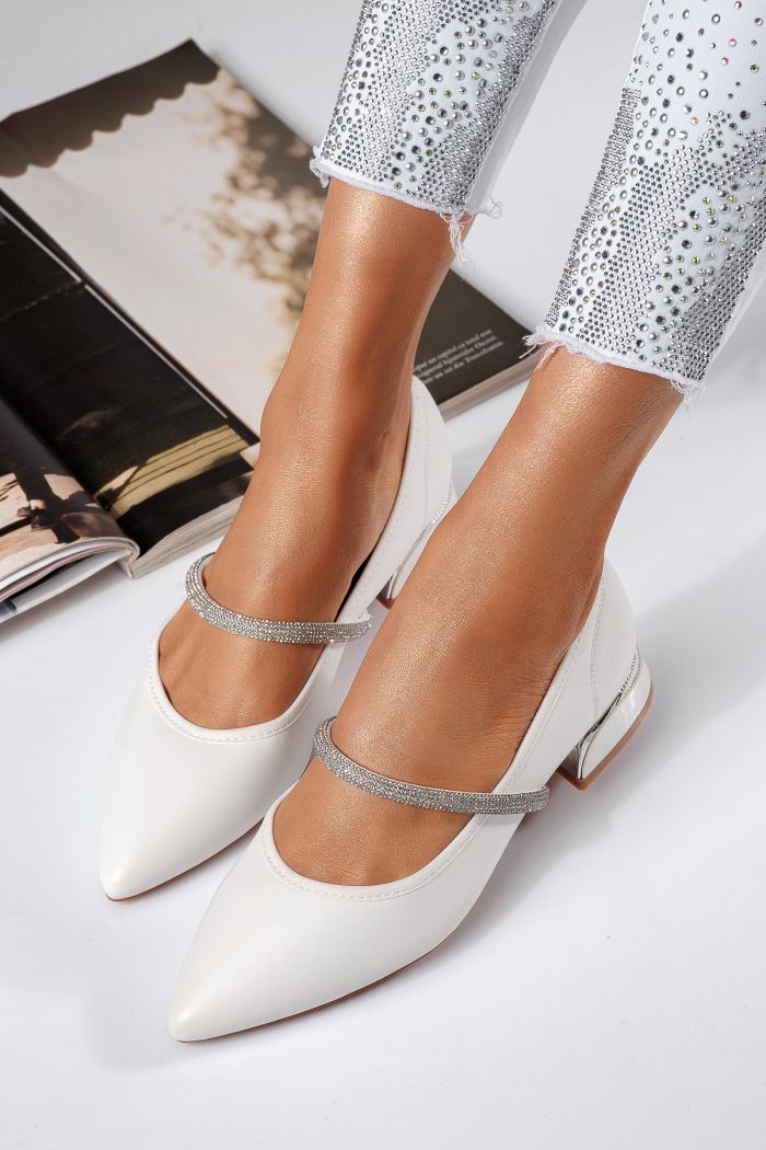 Pantofi cu toc mic dama albi din piele ecologica Xenia #22469