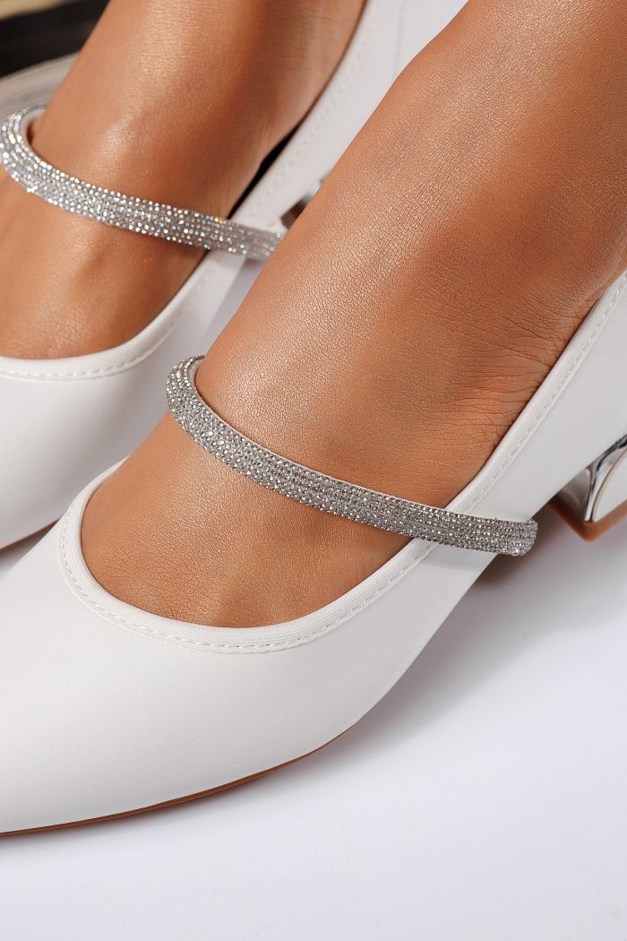 Pantofi cu toc mic dama albi din piele ecologica Xenia #22469