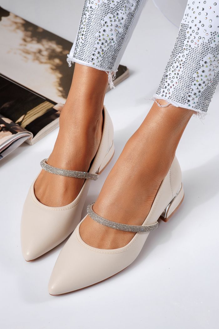 Pantofi cu toc mic dama bej din piele ecologica Xenia #22470