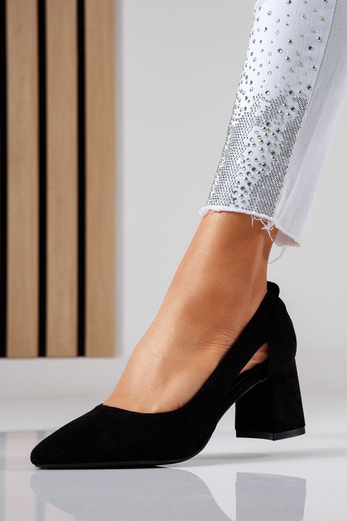 Pantofi cu toc dama negri din piele ecologica intoarsa Mira2 #22459