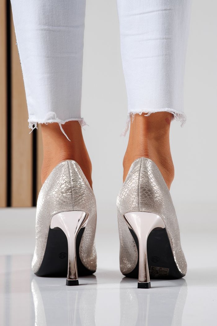 Pantofi cu toc dama roz-aurii din piele ecologica Sonia #22453