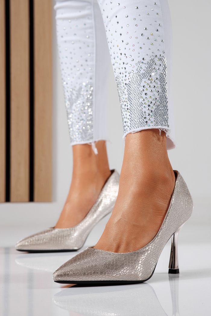 Pantofi cu toc dama roz-aurii din piele ecologica Sonia #22453