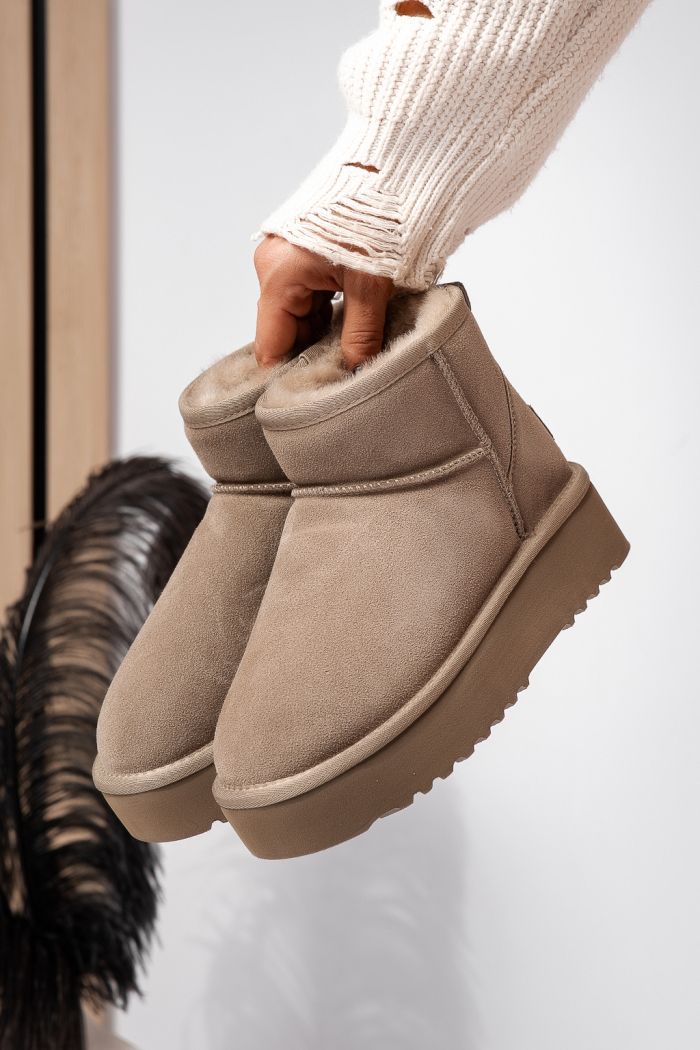 Cizme scurte dama imblanite tip Ug khaki din piele naturala intoarsa Brittany #22620