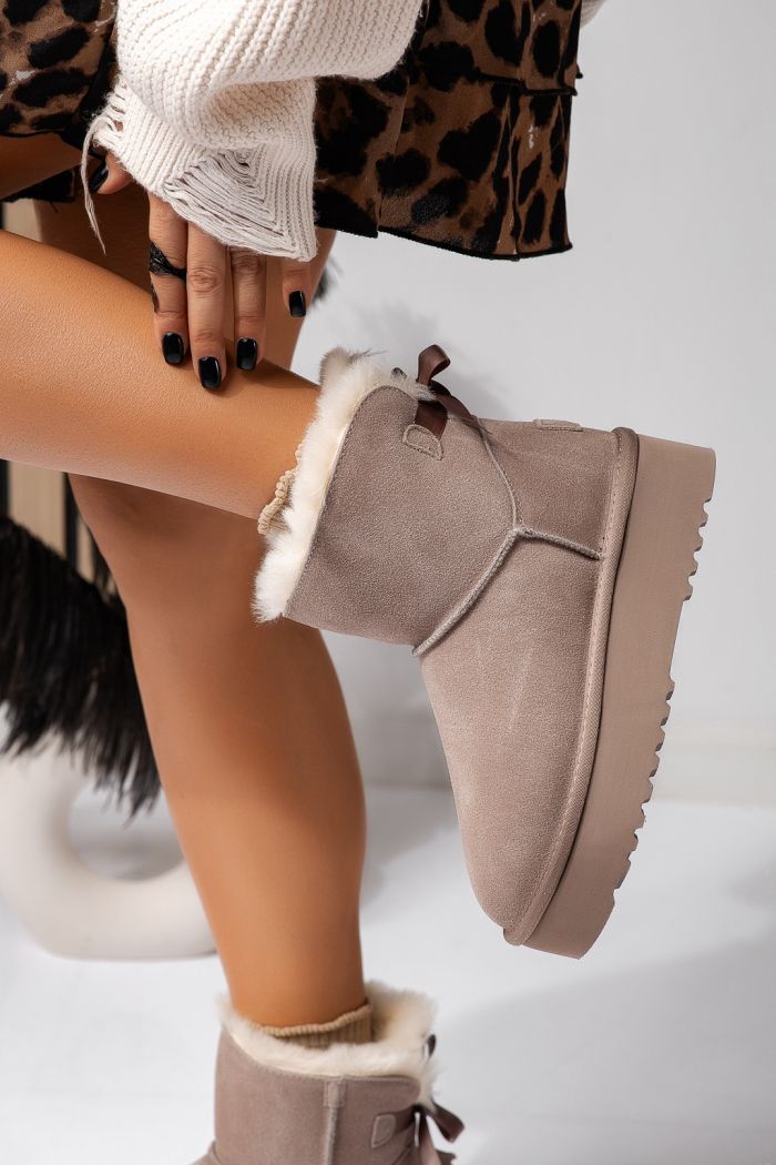Cizme scurte dama imblanite tip Ug bej din piele naturala intoarsa Camila #22624
